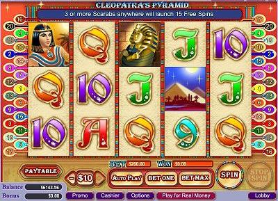 Cleopatras Pyramid is a 20-Line, 5 Reel online bonus slot game that features a $100,000 jackpot and “The $250,000 Pyramid” bonus game.