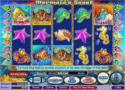 Mermaid's Quest is the latest installment in exciting, exclusive Bonus Slot Games powered by Vegas Technology. It is a 5-Reel, 9 Payline Bonus Slot Game featuring a $100,000 jackpot, free-spins, scatter symbols and a 3-stage bonus game.