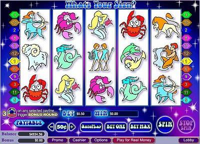 What's Your Sign? is a zodiac themed Bonus Slot powered by Vegas Technology. It features an incredible $100,000 jackpot, 5-Reels, 12 Paylines and a variety of enchanting symbols.