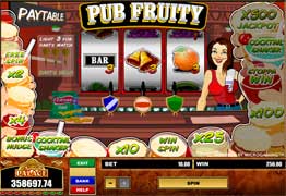 Pub Fruity is a three reel, one payline, and one coin slot machine. Pub Fruity has two Bonus Features, the Drinks Trail bonus game and the Dart Contest bonus game.